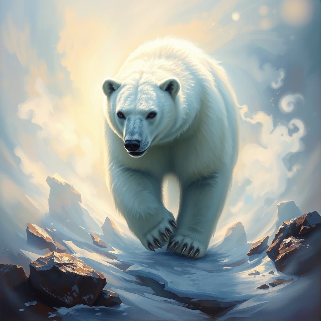 Ethereal Ice Bear in Mystical Aura, Oil Painting in Hyperdet...
