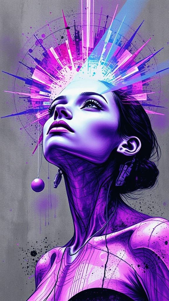Cyberpunk Goddess Radiates Violet Glory