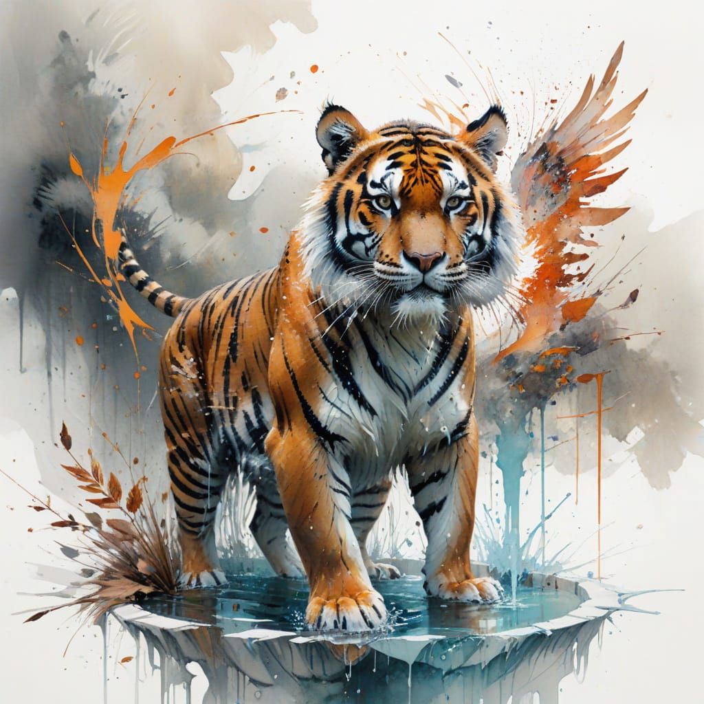 Winged Tiger Drinks in Autumn Watercolor Style