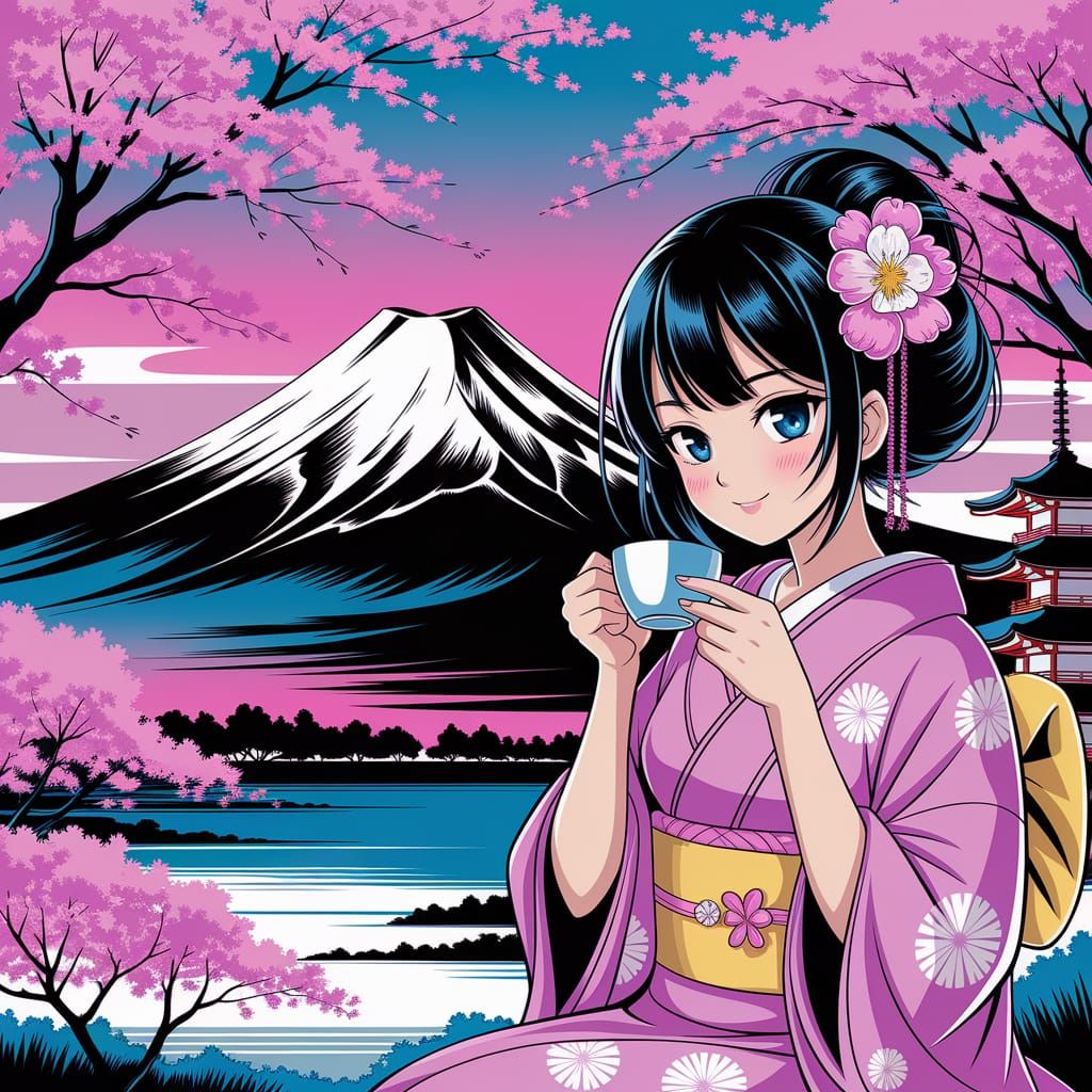 Traditional Japanese Girl in Cherry Blossom Garden