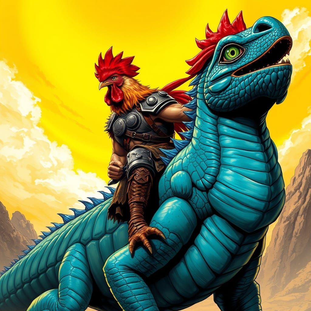 Rooster Warrior Rides Blue Lizard in Comic Book Style