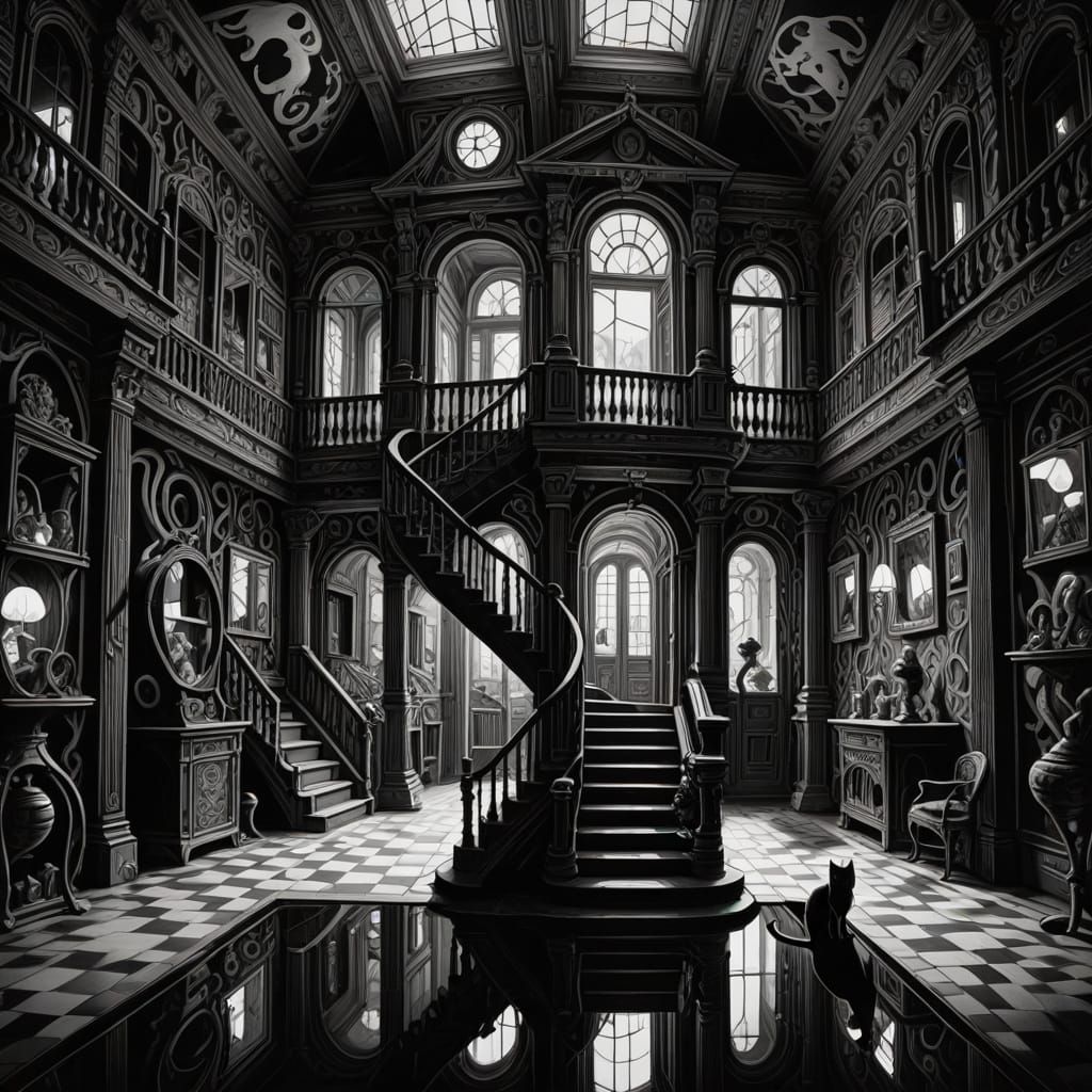 Feline Enigma in Whimsical, Escher-Inspired Dollhouse