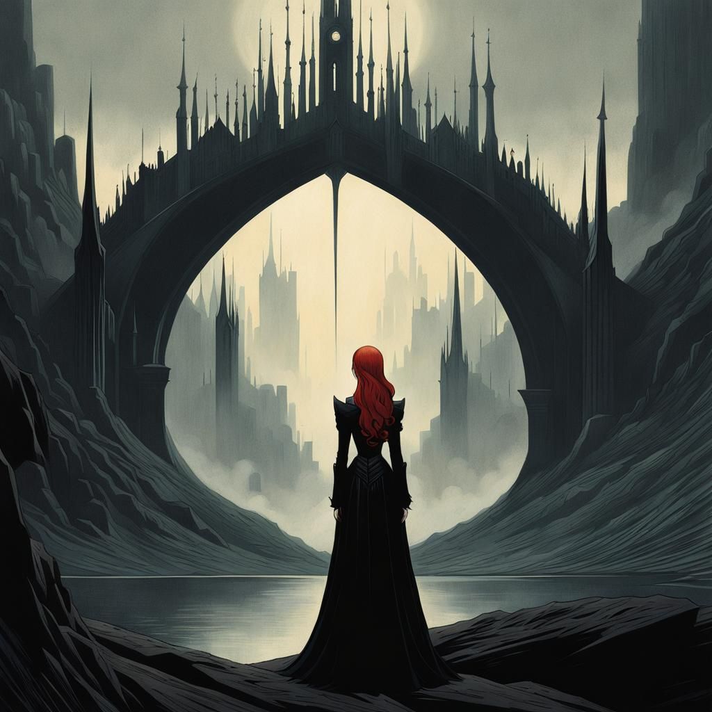 Gothic Redhead Illustration in Hugh Ferriss Style