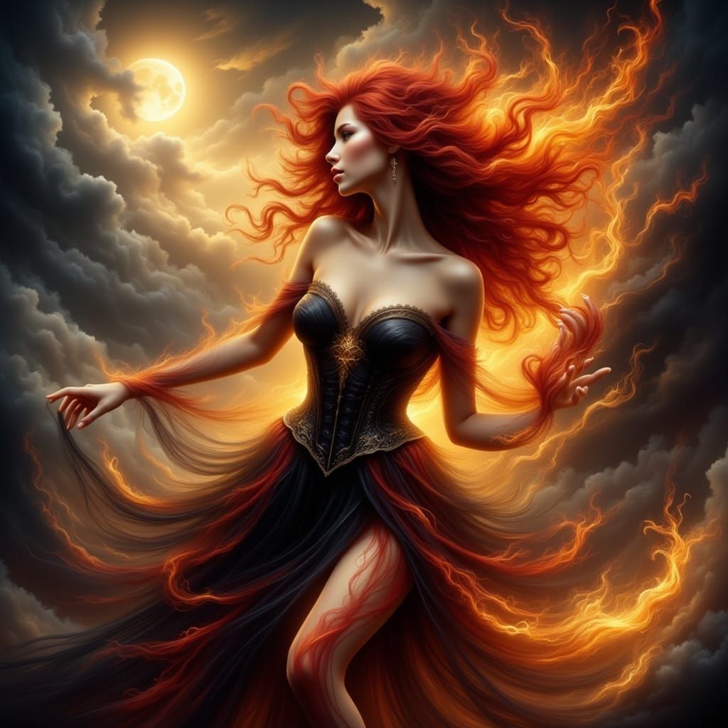 Elegant Fire Mage Dancing in Moonlight: Anime Realism