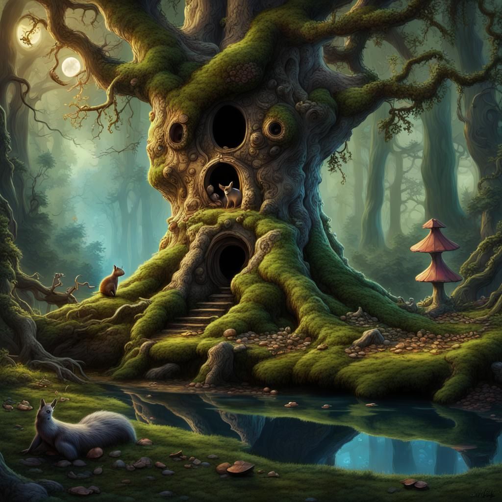 Enchanted Forest with Magical Tree and Creatures