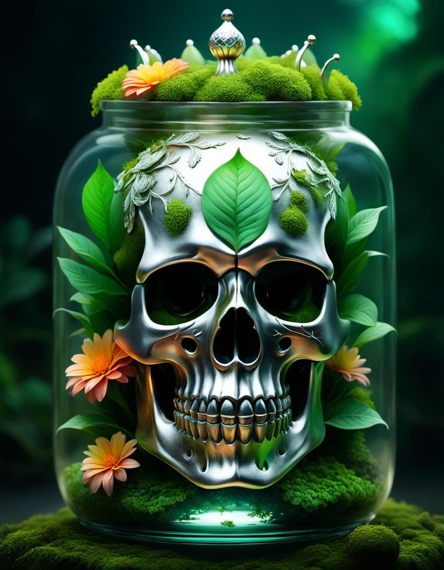 Bioluminescent Skull in a Jar, Dark Fantasy Art