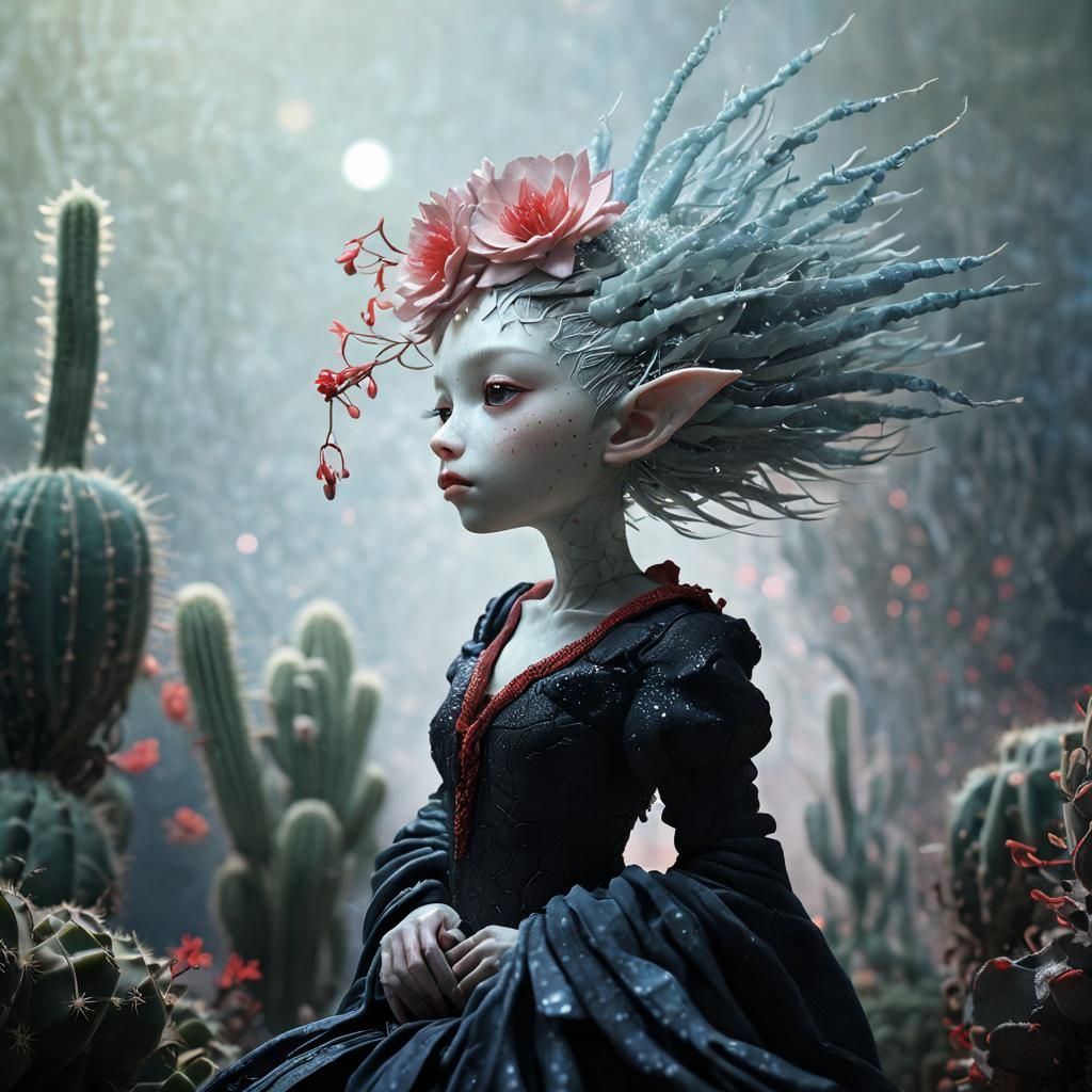 Reptilian Creature on Cactus in Surreal Pastel Lighting