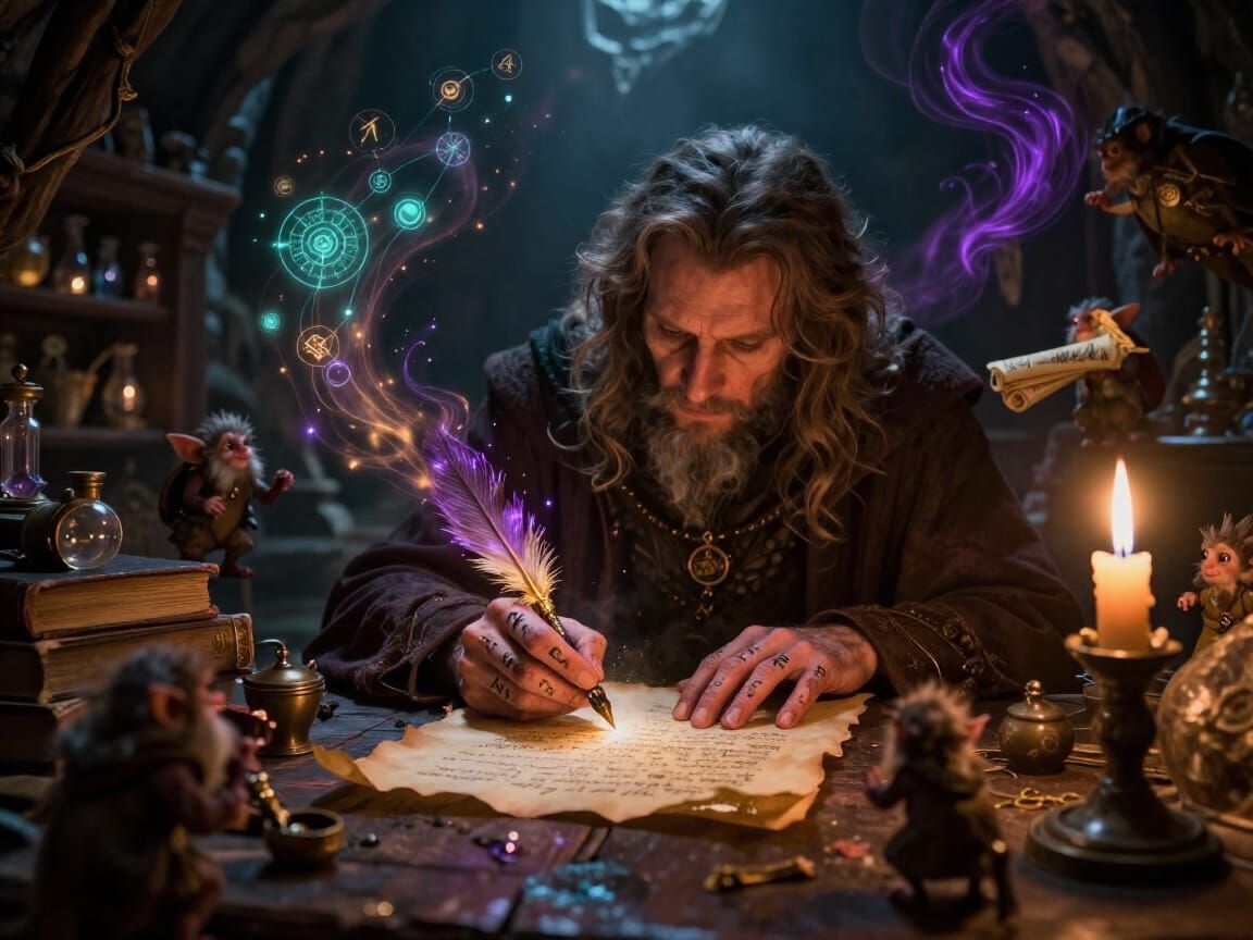 Wizard Transcribing Magic Recipe in Stone Den