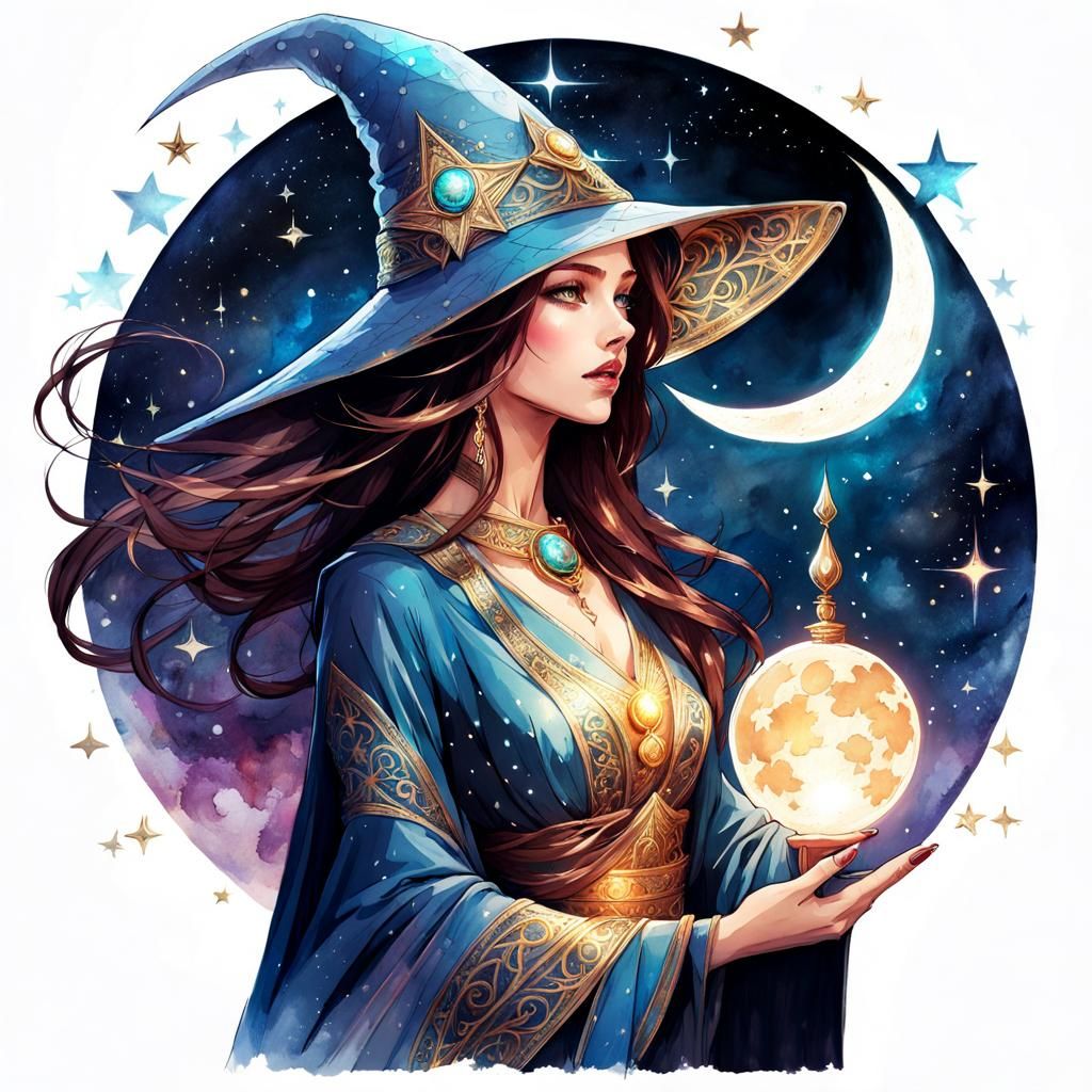 Wizard Queen of Moon and Stars in Watercolor Style