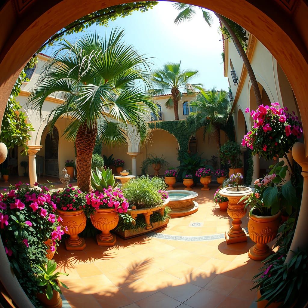 Mediterranean Patio with Fisheye Lens, Hyperrealistic Style