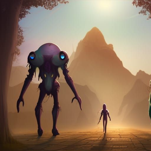 Alien Cyborg and Human Friends: Fantasy Concept Art