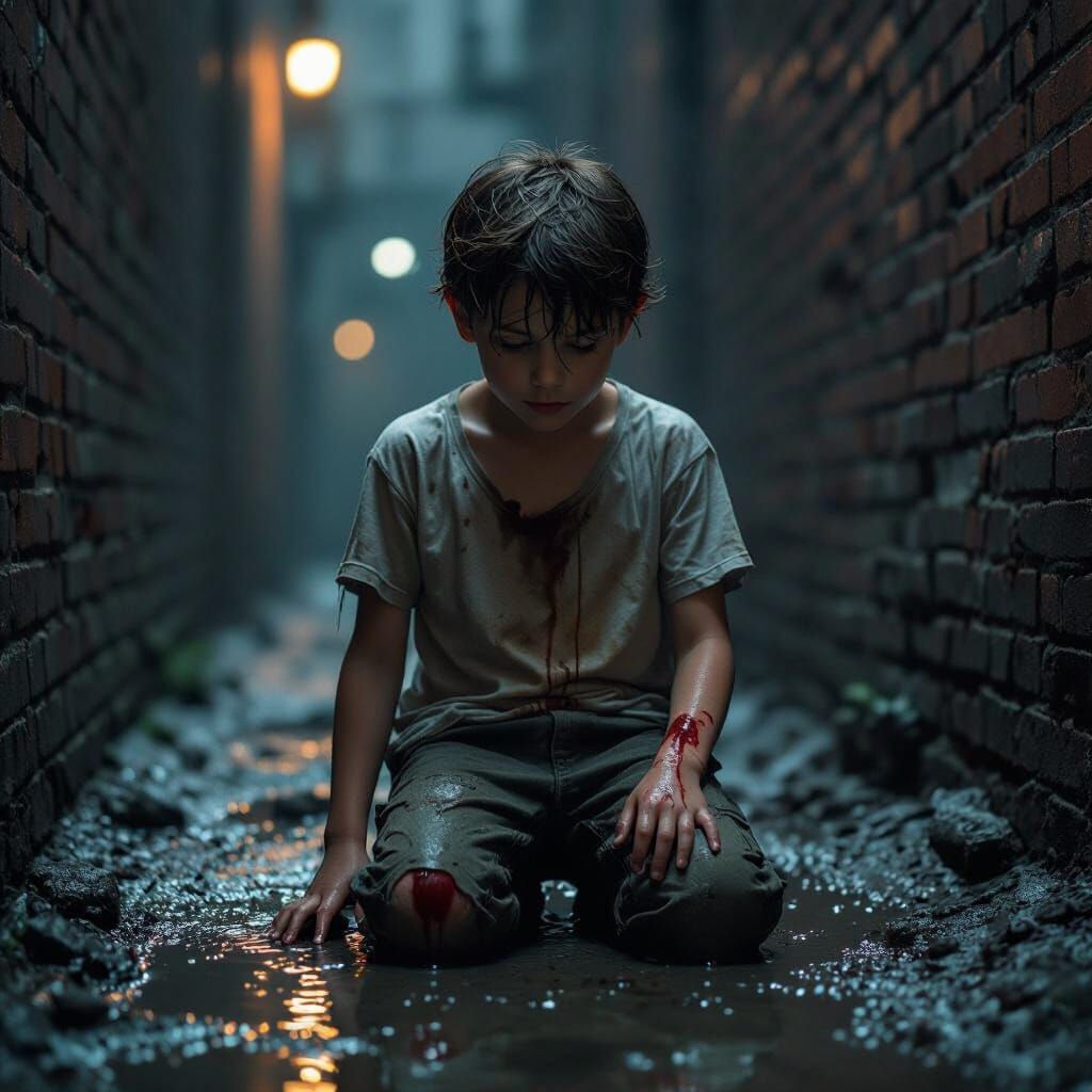 Little Boy with Scraped Knee in Dim Alleyway