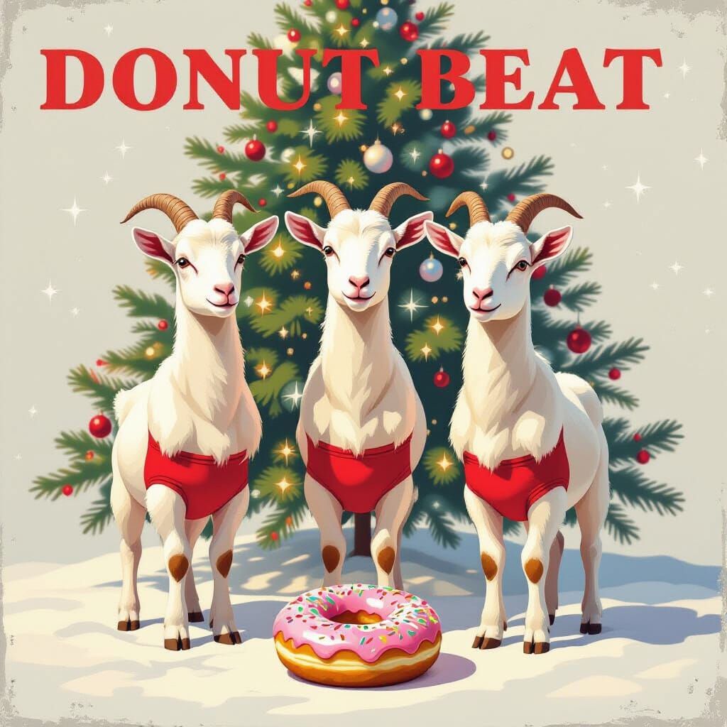 Surreal Festive Goats Guarding a Glowing Donut