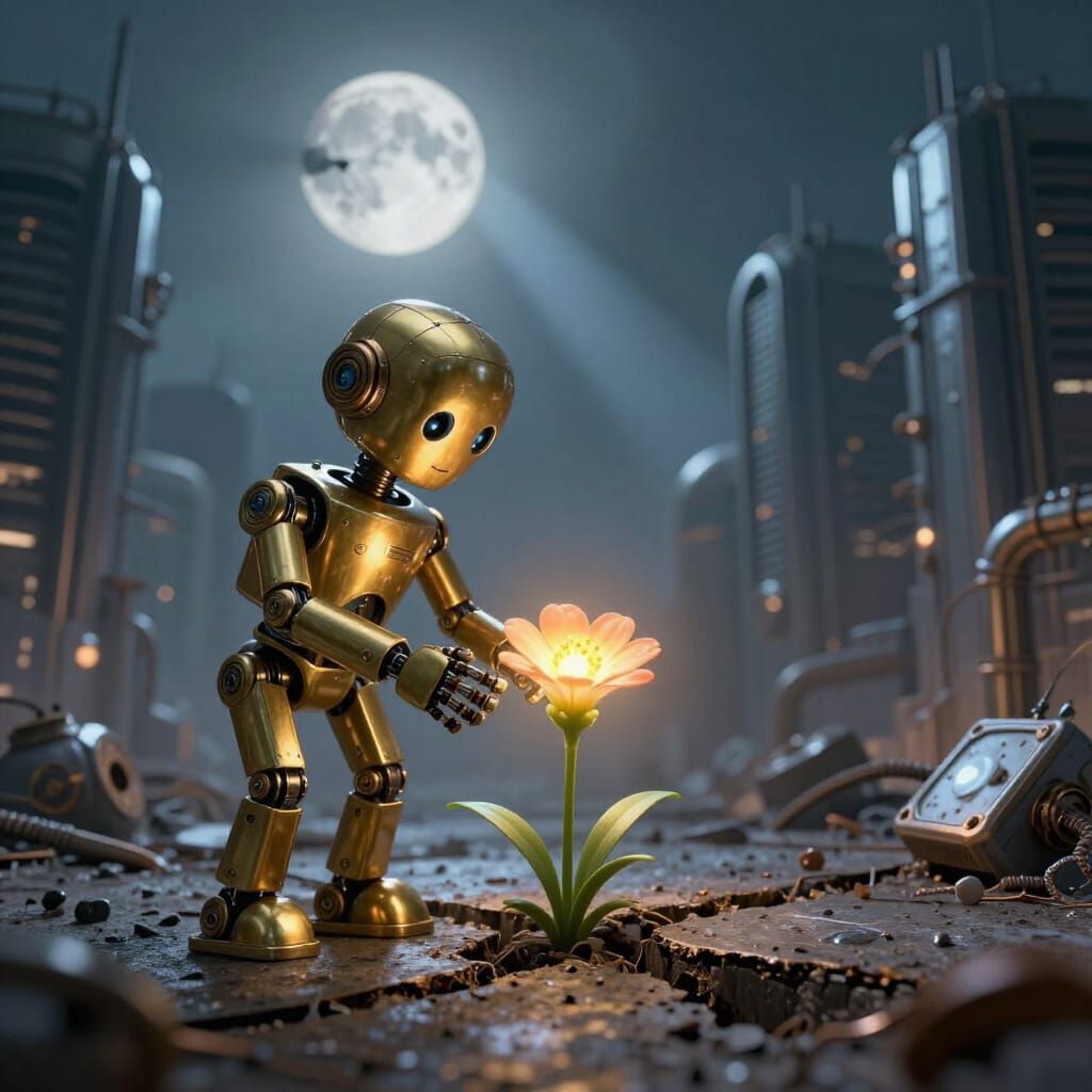 Brass Robot Nurtures Luminous Flower in Metallic Cityscape