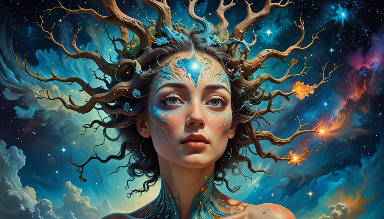 Surreal Dryad in Cosmic Fantasy Scene