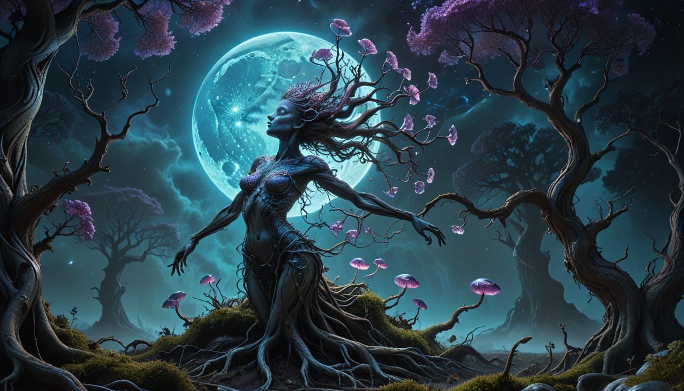 Ethereal Dryad in Orbit, Twisted by Surrealist Space Art