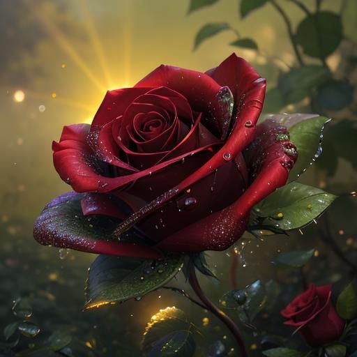 Red Rose Dew Drops in Sunlight: Fantasy Concept Art