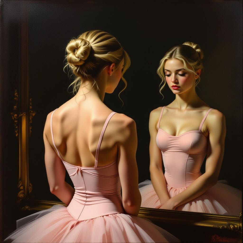 Ballet Dancer's Melancholy Reflection in Chiaroscuro