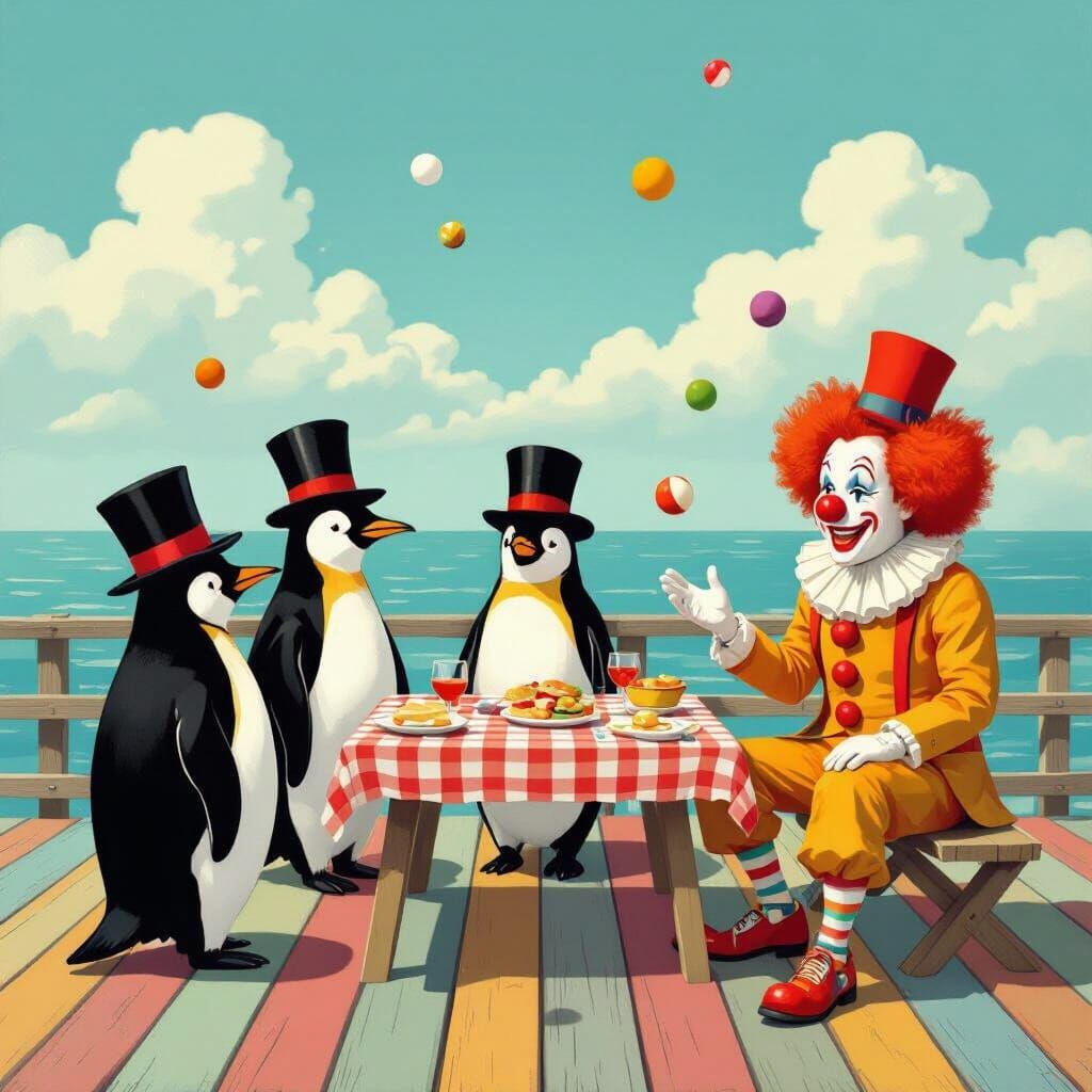 Penguins and Clown Picnic on a Pier