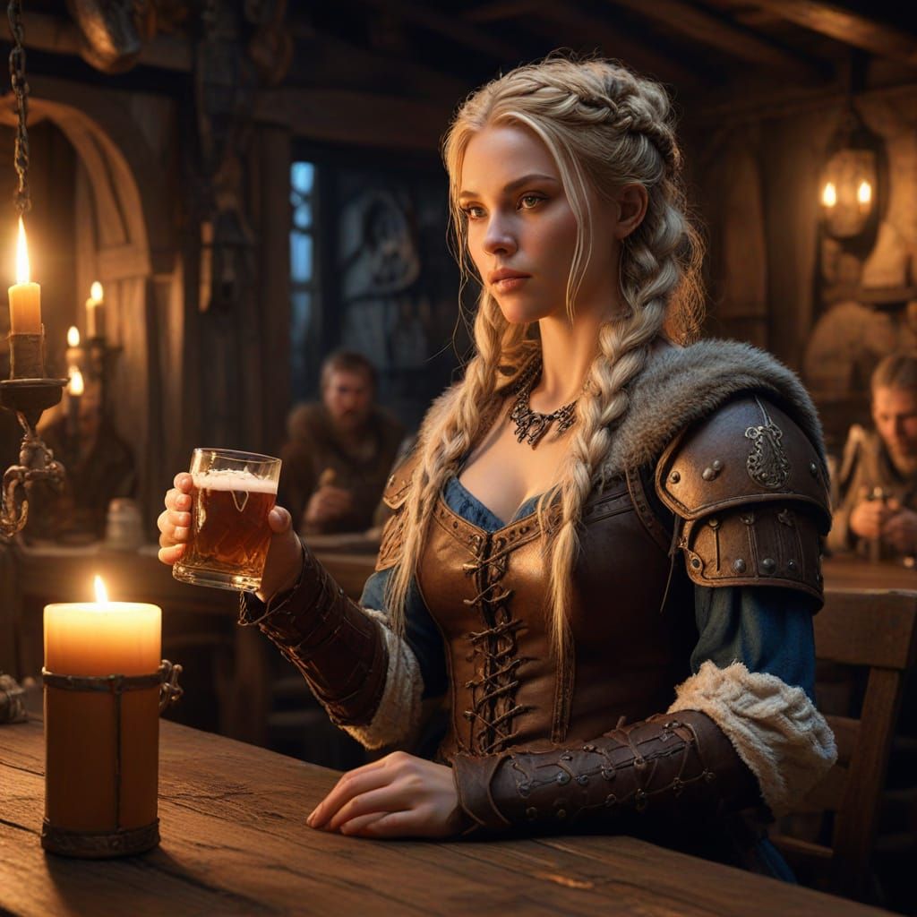 Viking Maiden Drinks Beer in Candlelit Tavern