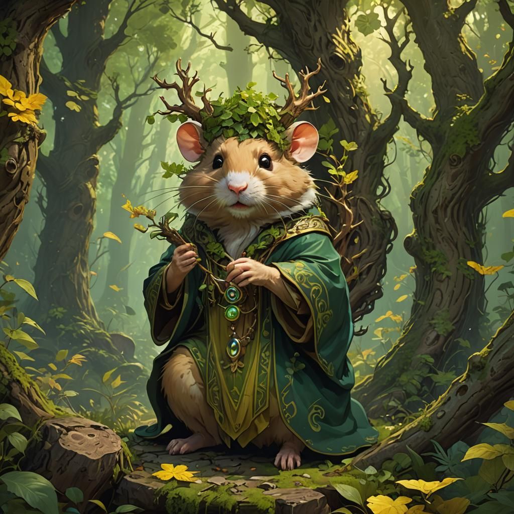 Hamster Druid Casting Nature Spell in Art Nouveau Style