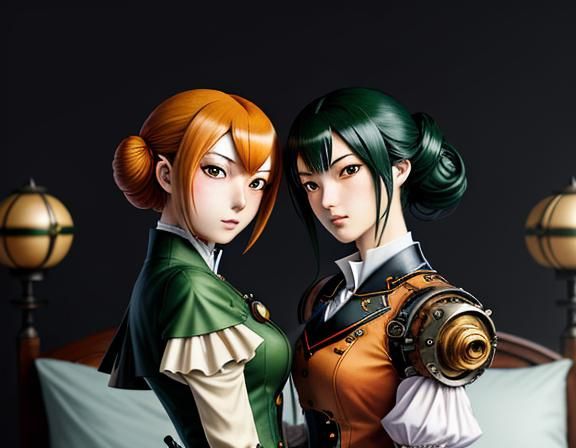 Twin Kemono Sisters Kissing in Steampunk Manga Style