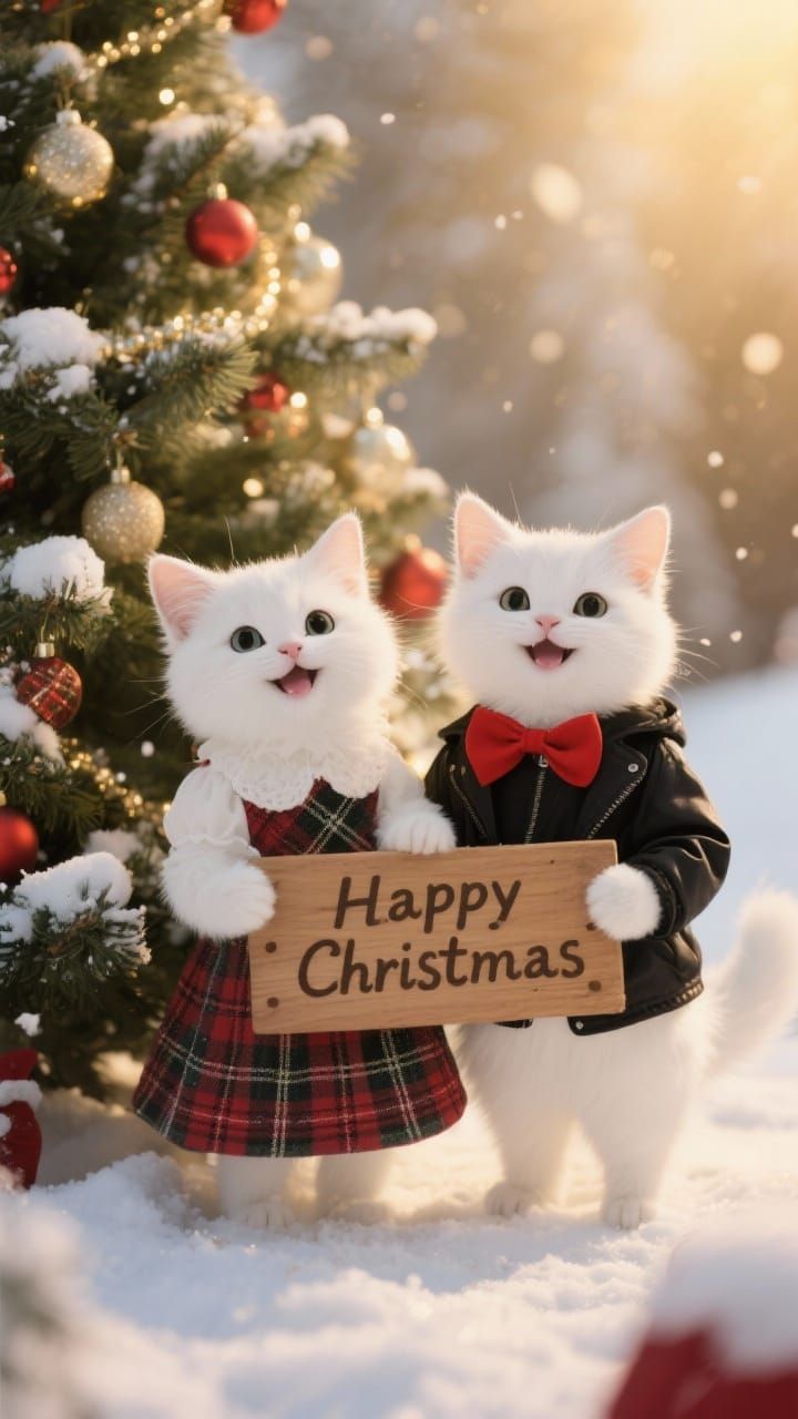 Two Adorable Kittens in Festive Outfits by a Christmas Tree