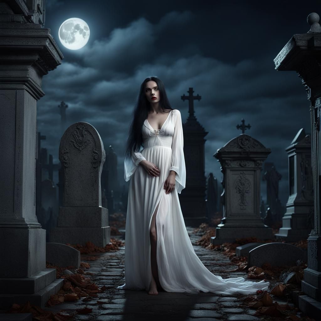Dark Romance: Italian Woman in Cemetery, Digital Art