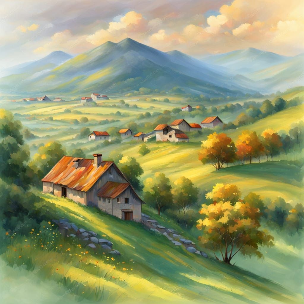 Impressionist Valley Village Landscape Painting