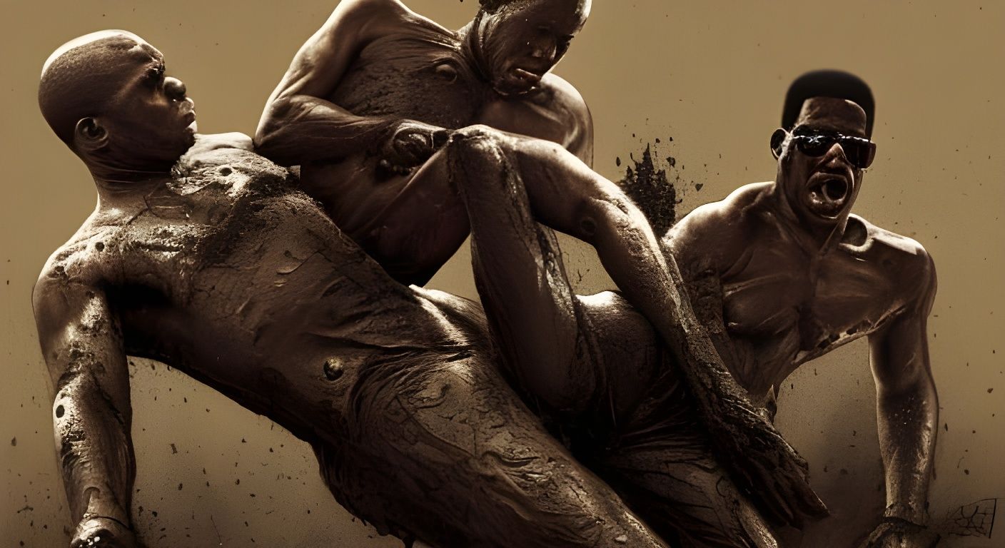 Disturbing Mud Wrestling Match in Hyperrealistic Style