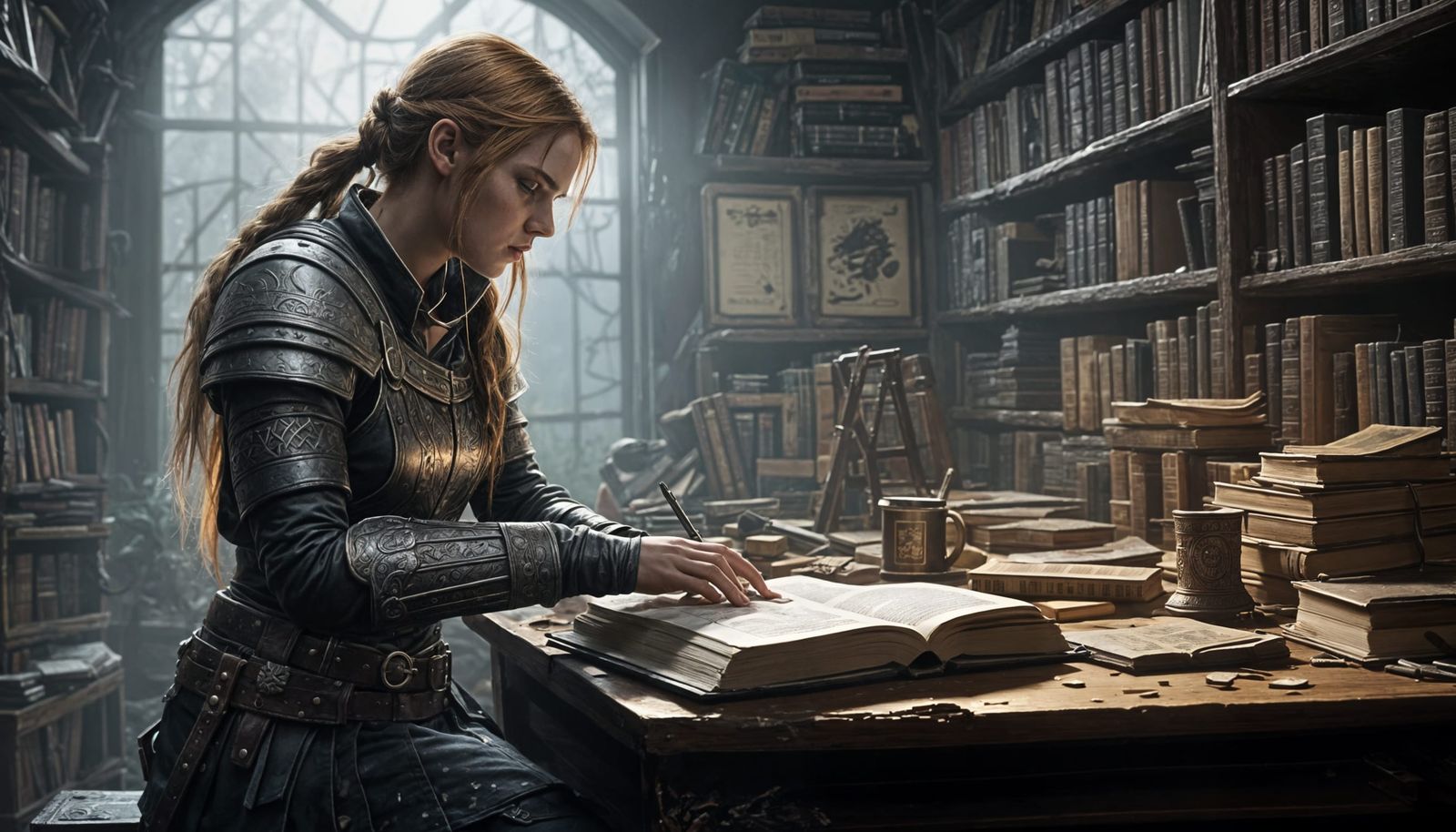 Shield Maiden Saving Ancient Books in Fantasy World