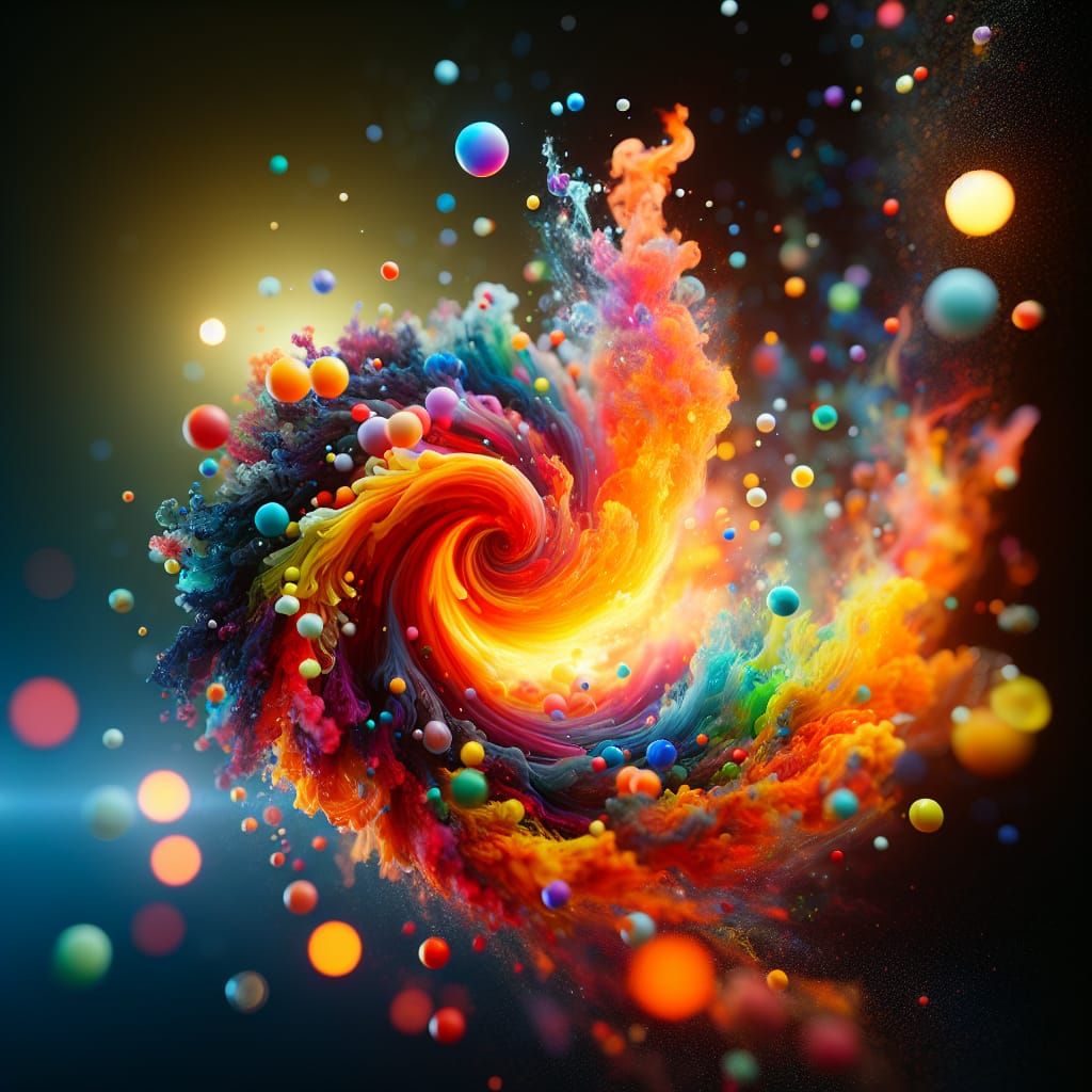 Multi coloured fluids, splashing around, in a vortex of brig...