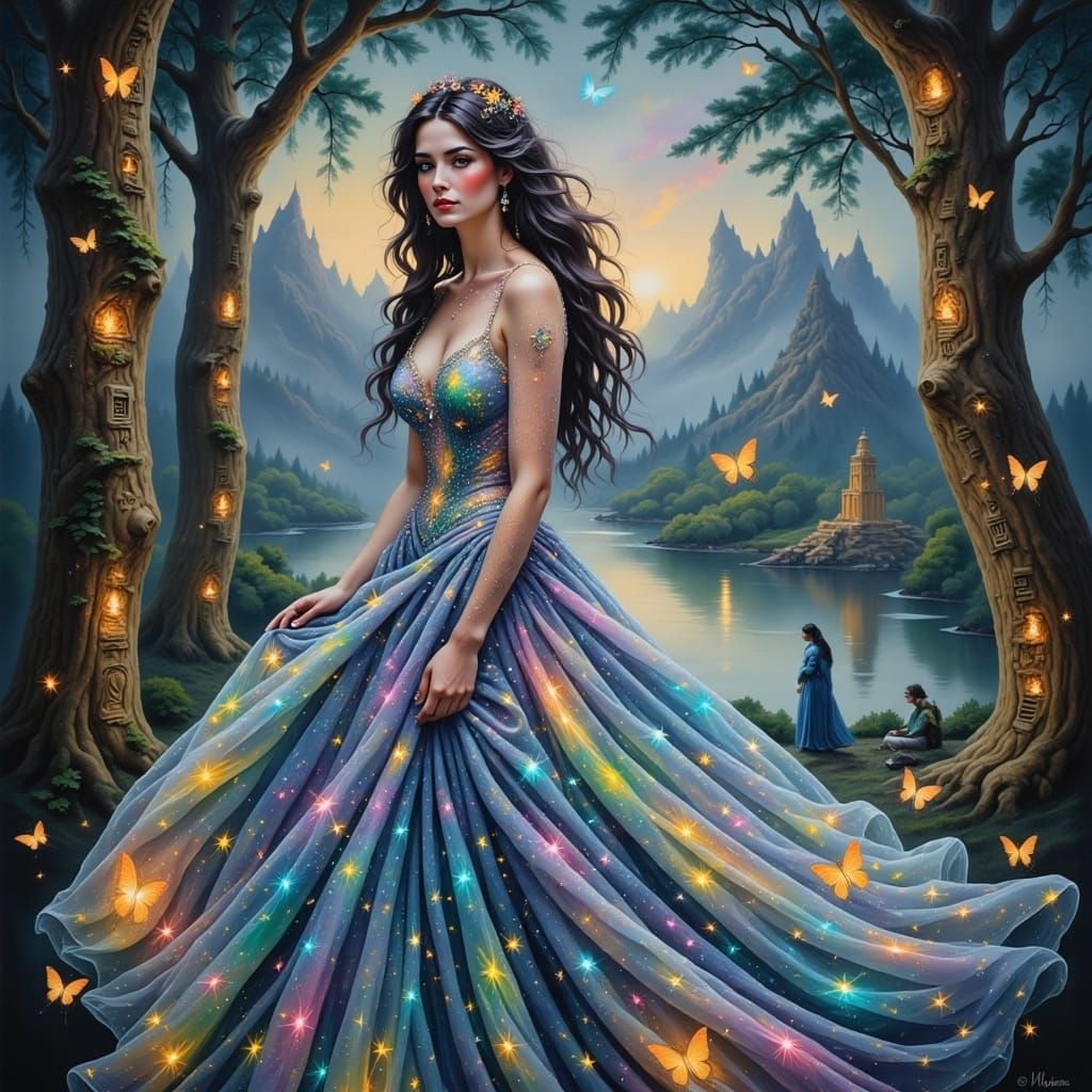 Stunning Woman in Starlight Gown with Paint Splatters