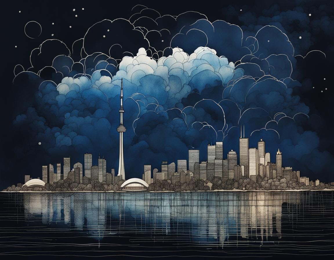 Toronto Skyline Organic Line Drawing in Watercolour