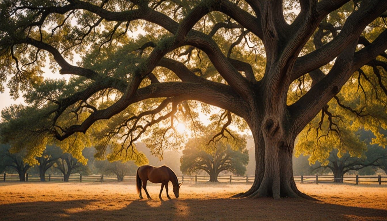 Horse Under Oak Tree at Sunset: Landscape Photography