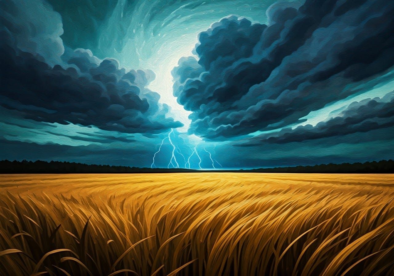Dramatic Storm Over Field as Impressionist Painting