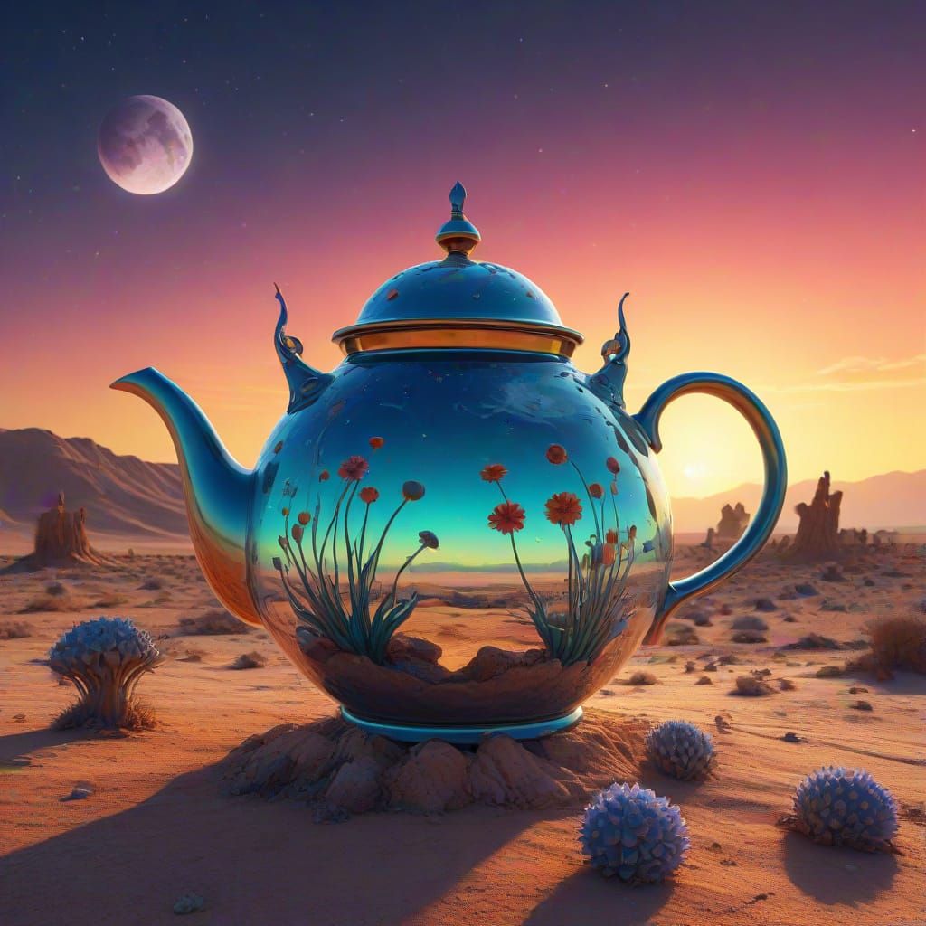 Giant Teapot in Alien Desert Landscape