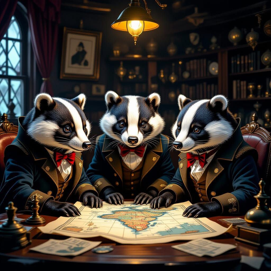 Victorian Badger Explorers in Steampunk Study