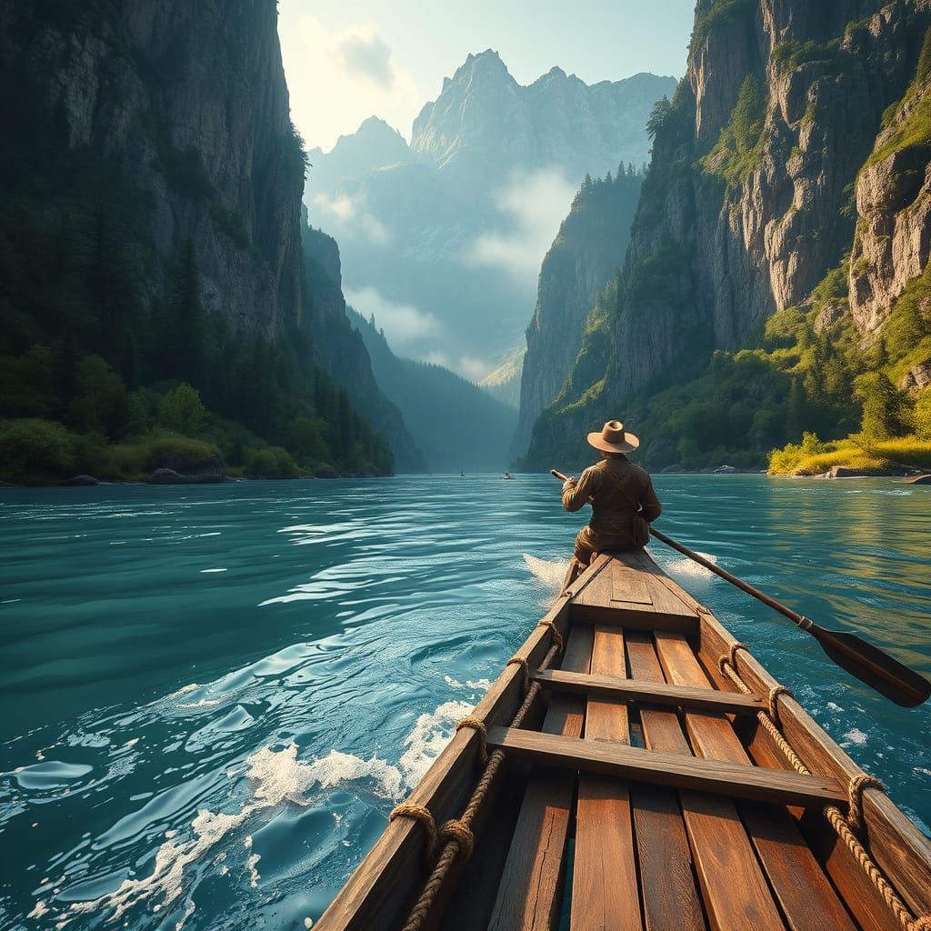 Rafting the Majestic Mountain River in a Golden Afternoon