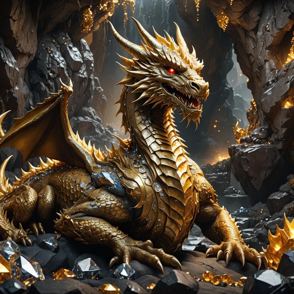 Hyperrealistic Golden Dragon in Diamond Cave
