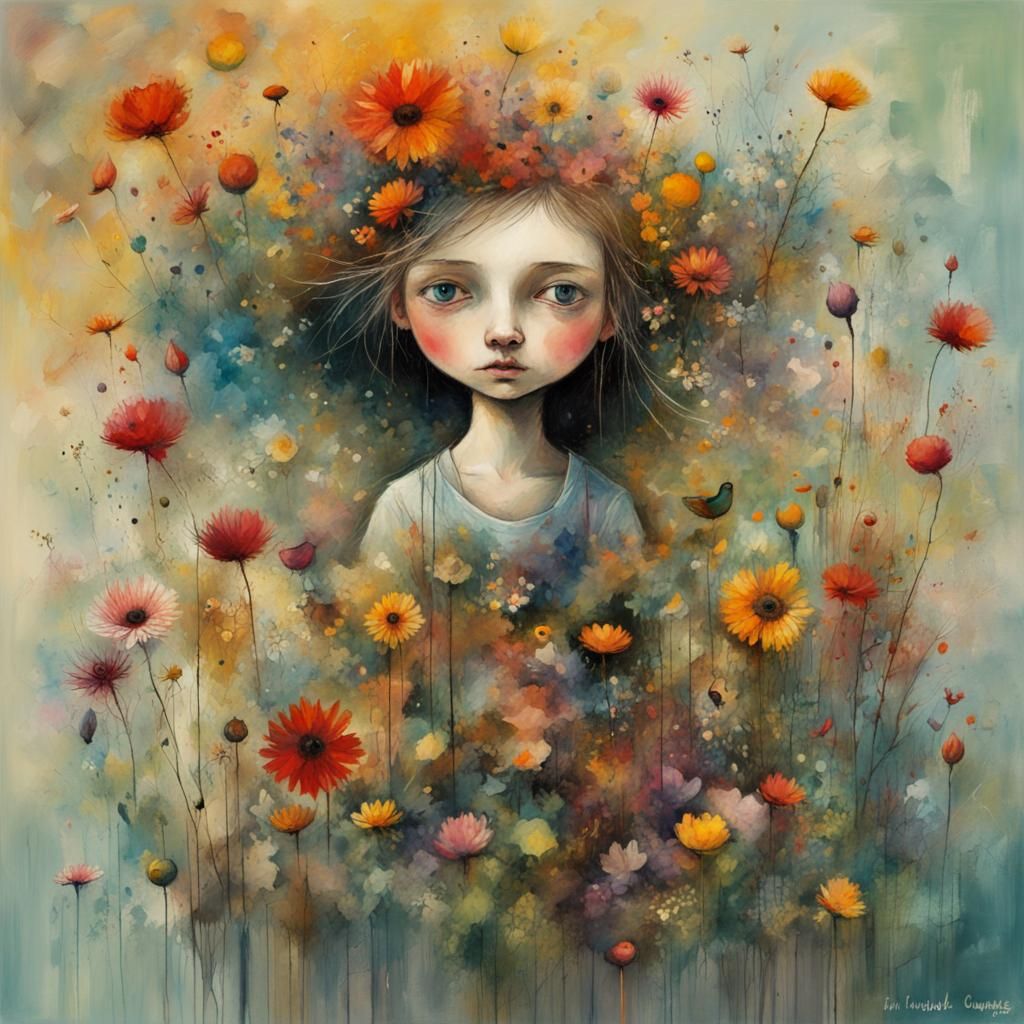 Floral Spirit with Cat in Whimsical Art Style