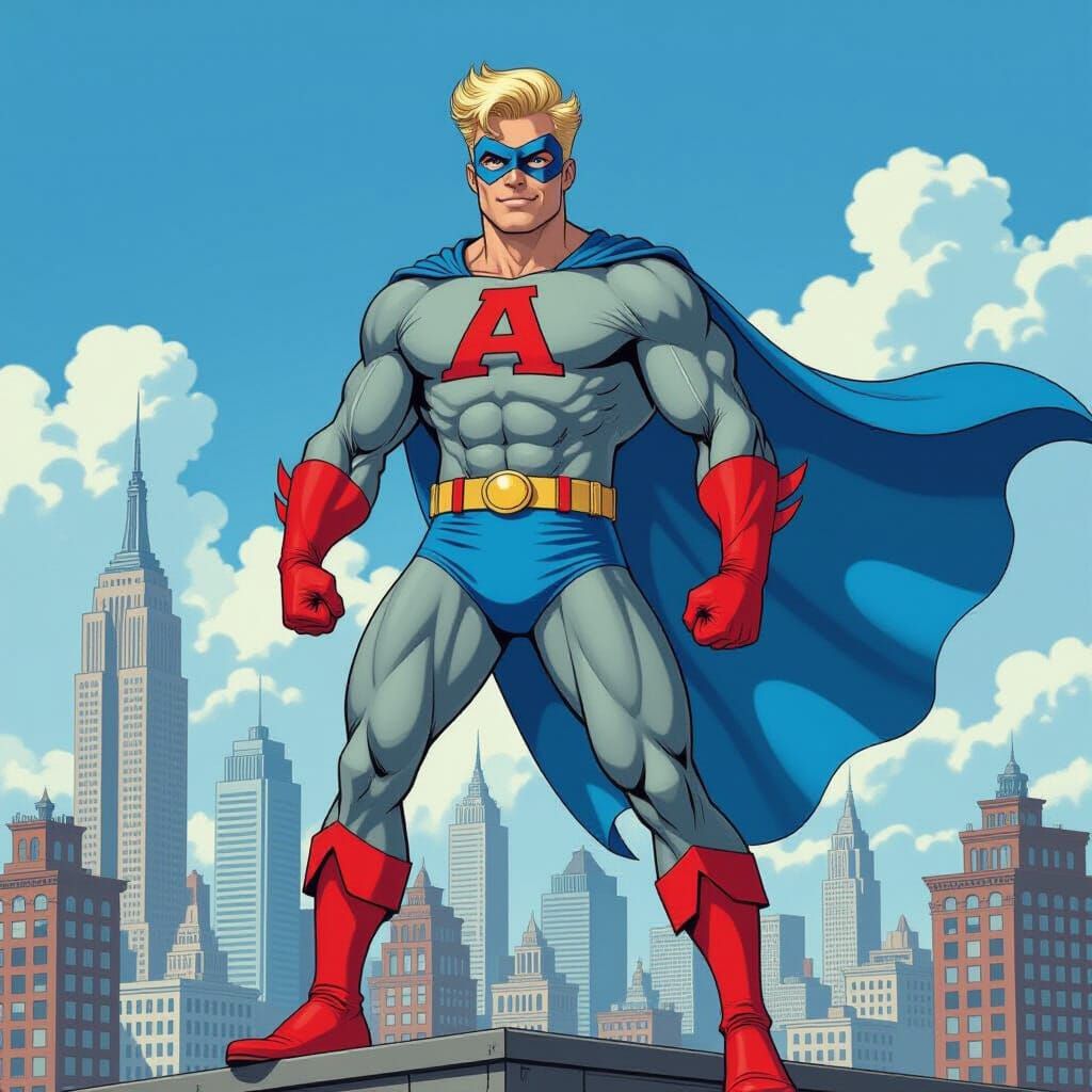 Superhero on Rooftop in Vintage Realistic Pulp Art Style