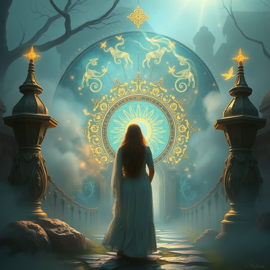 Ethereal Time Portal with Glowing Runes in Dreamy Landscape