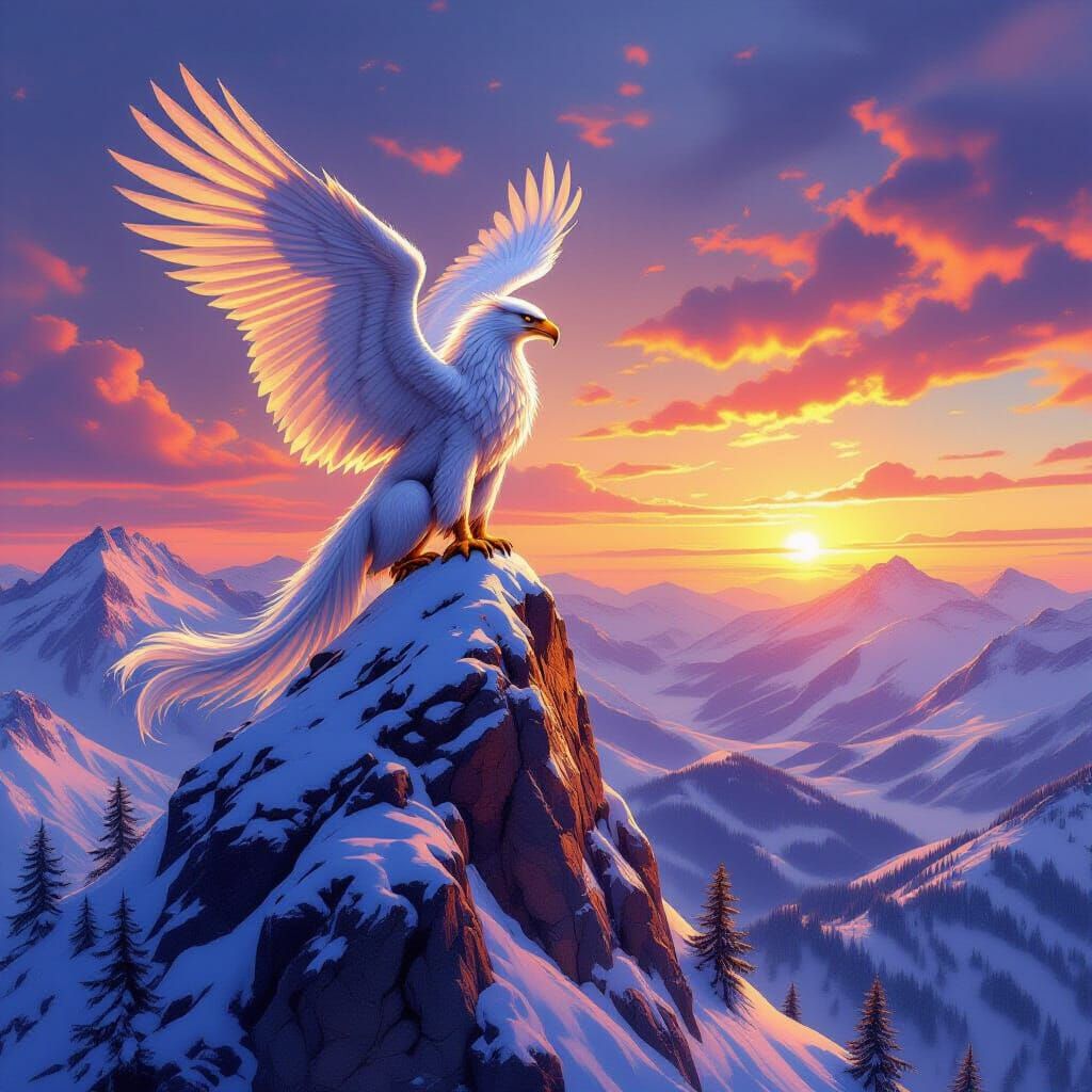 Majestic Griffin on Snow-Capped Peak at Sunset