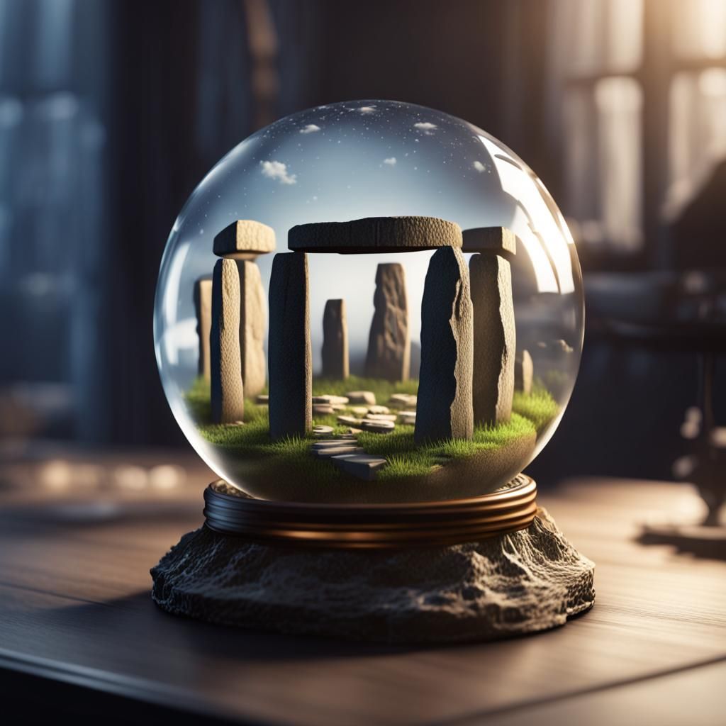 Stonehenge in Glass Orb: Hyperrealistic Concept Art