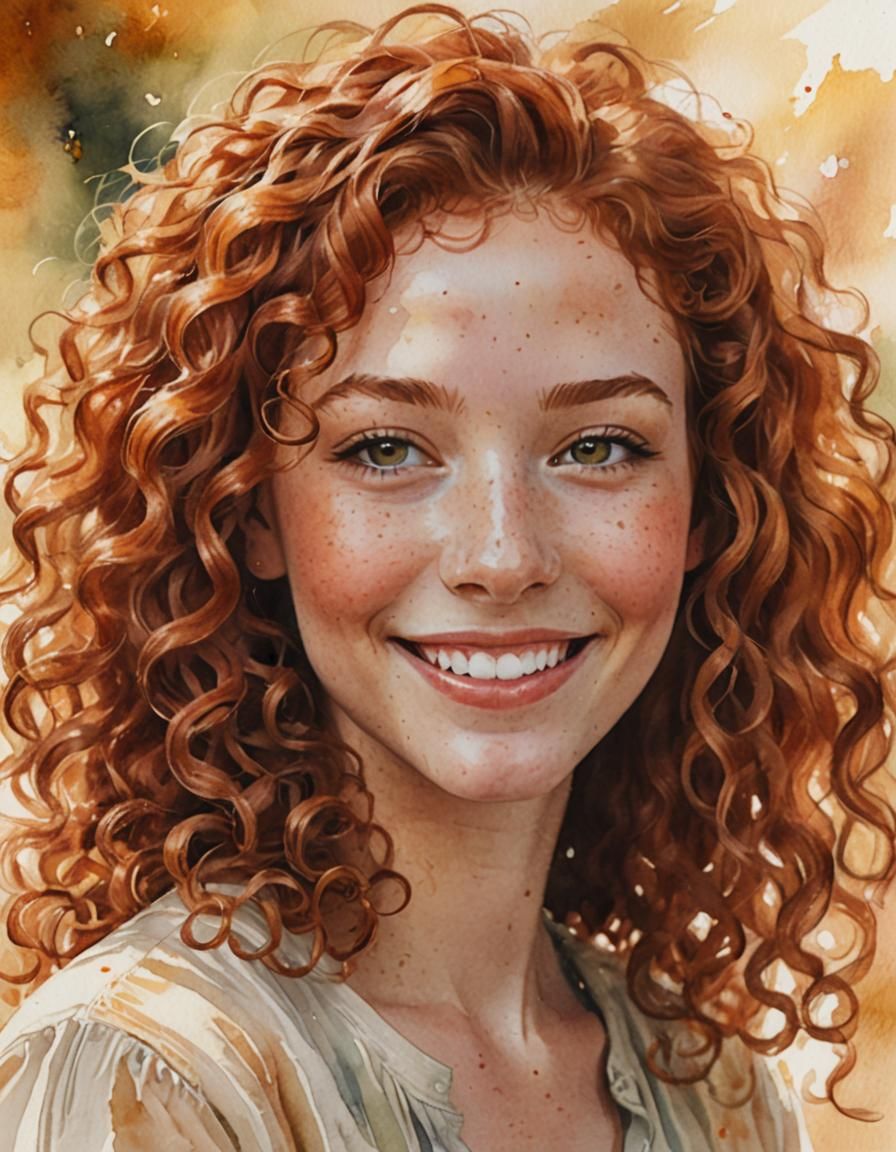 Girl with Red Hair Portrait in Watercolor Style