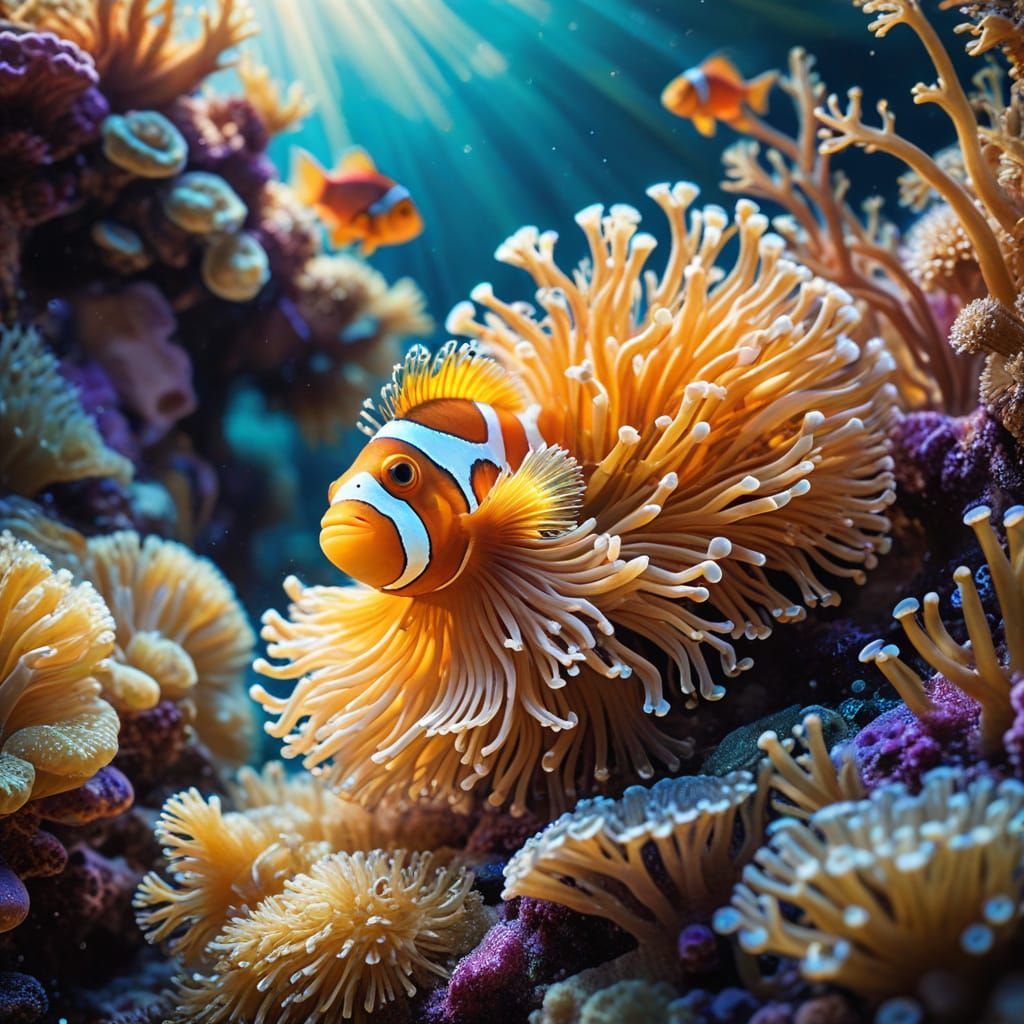 Vibrant Clownfish and Sea Anemone in Alcohol Ink