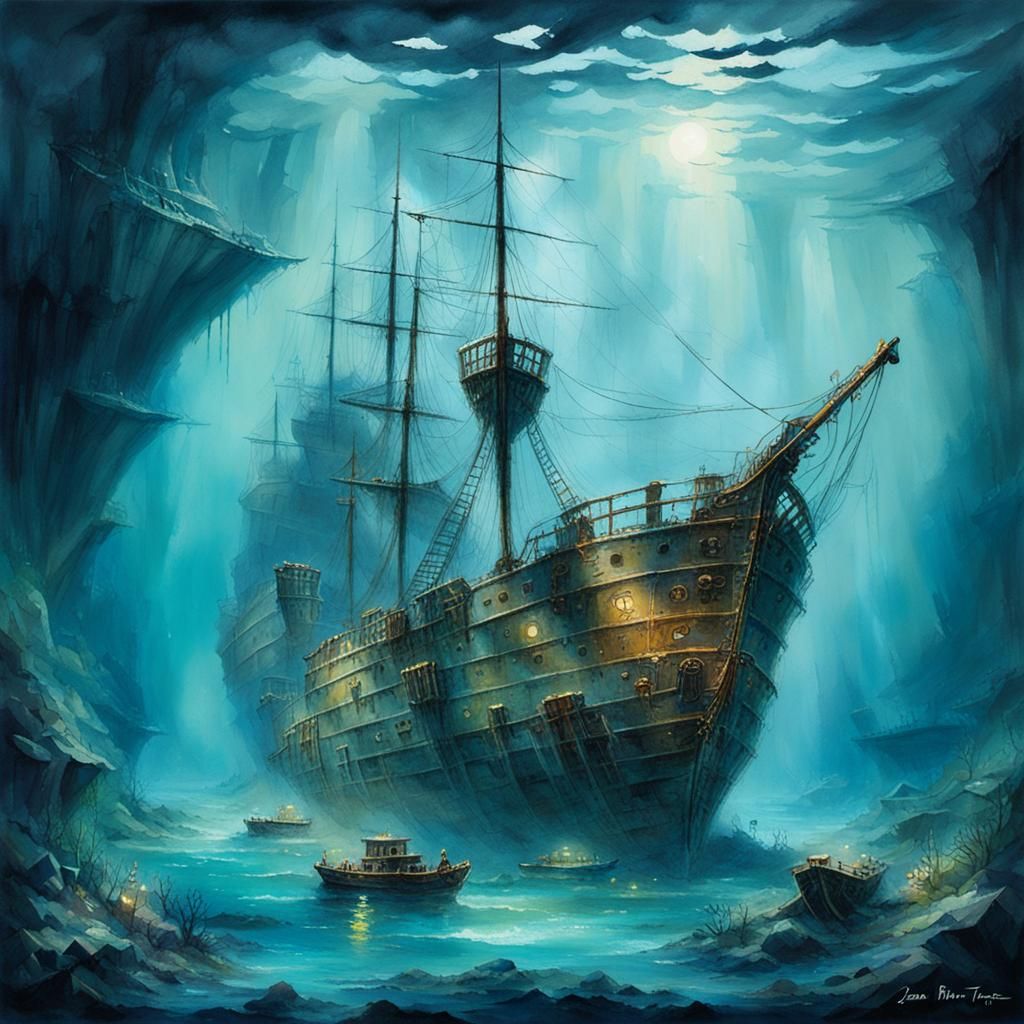 Eerie Underwater Shipwreck in Abstract Watercolour