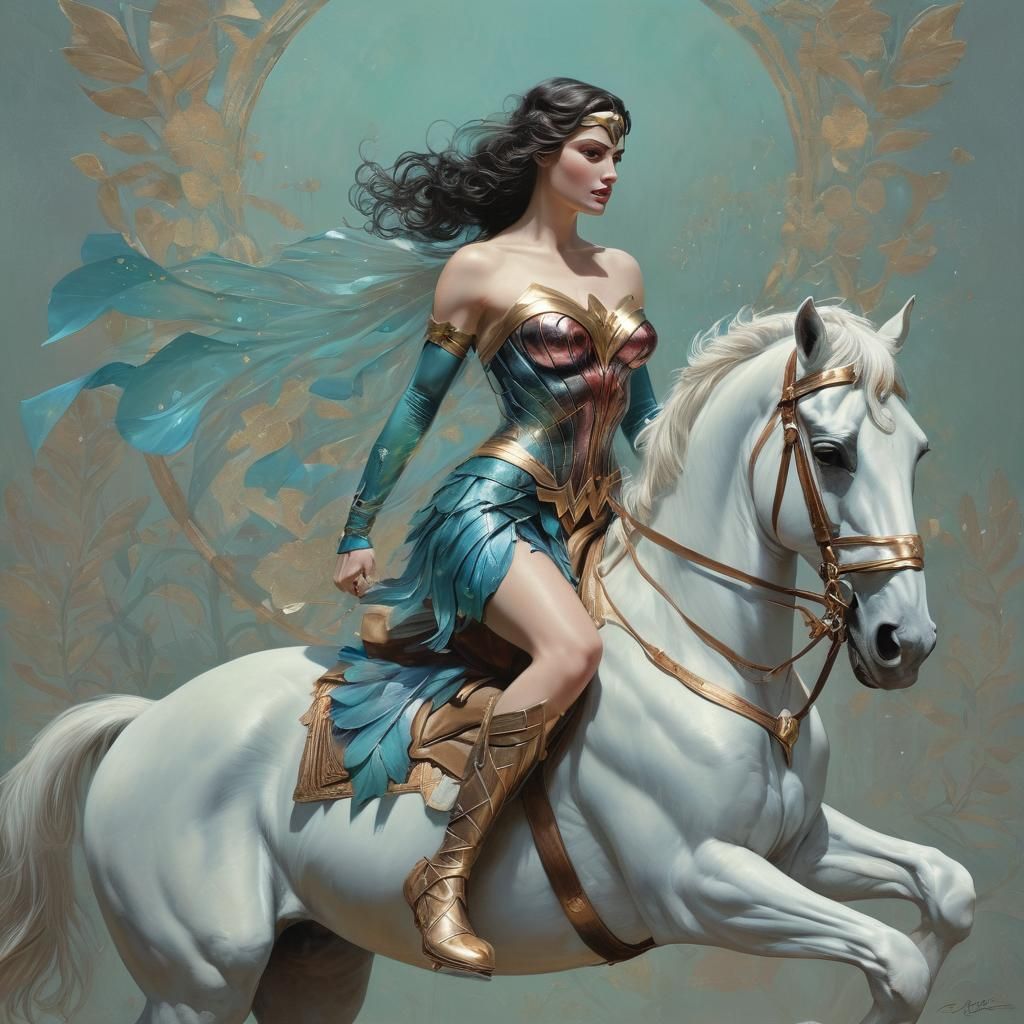 Wonder Woman Riding: Bioluminescent Oil Painting