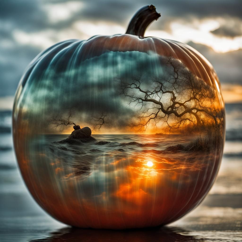 Stormy Sea in Glass Pumpkin: Double Exposure Art